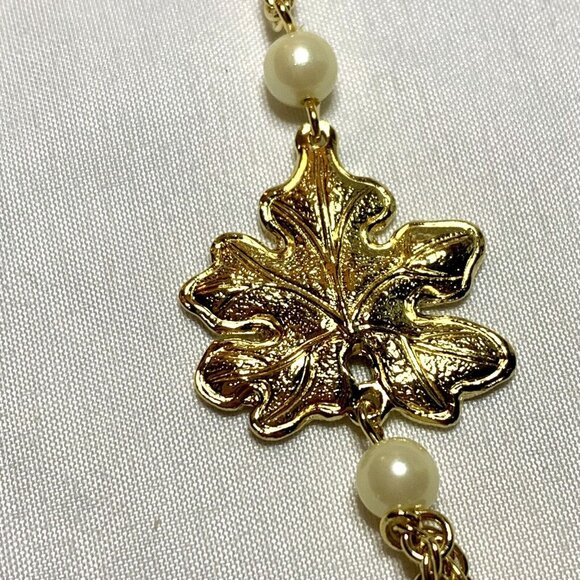 Gold Tone Leaf Faux Pearl Double Strand Necklace Layering Fall Autumn Vintage - Picture 2 of 4